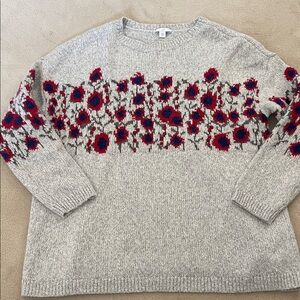 J. Jill Gray Sweater with Red and Blue Floral Design cotton blend MEDIUM